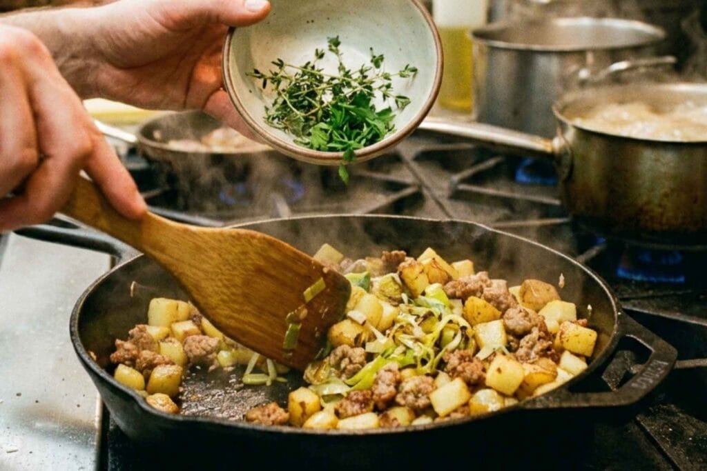 Crispy Sausage Potato Leek Dijon Mustard Hash Recipe