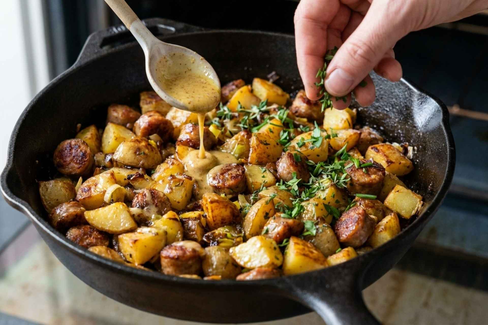 Crispy Sausage Potato Leek Dijon Mustard Hash Recipe