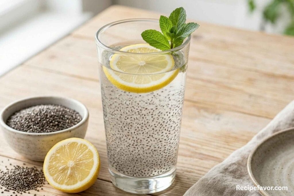 Glass of chia water for weight loss with lemon slice and soaked chia seeds