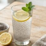 Glass of chia water for weight loss with lemon slice and soaked chia seeds