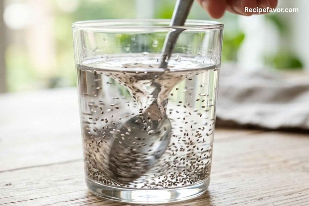 Stirring chia seeds in water to prevent clumping