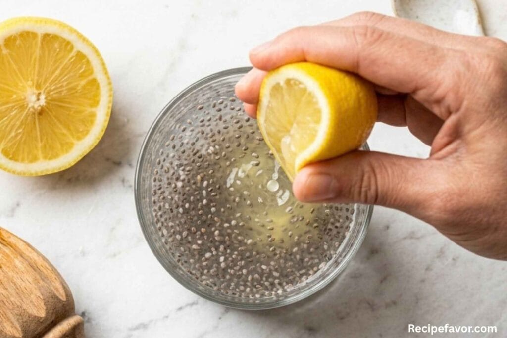 Squeezing fresh lemon juice into chia seed water